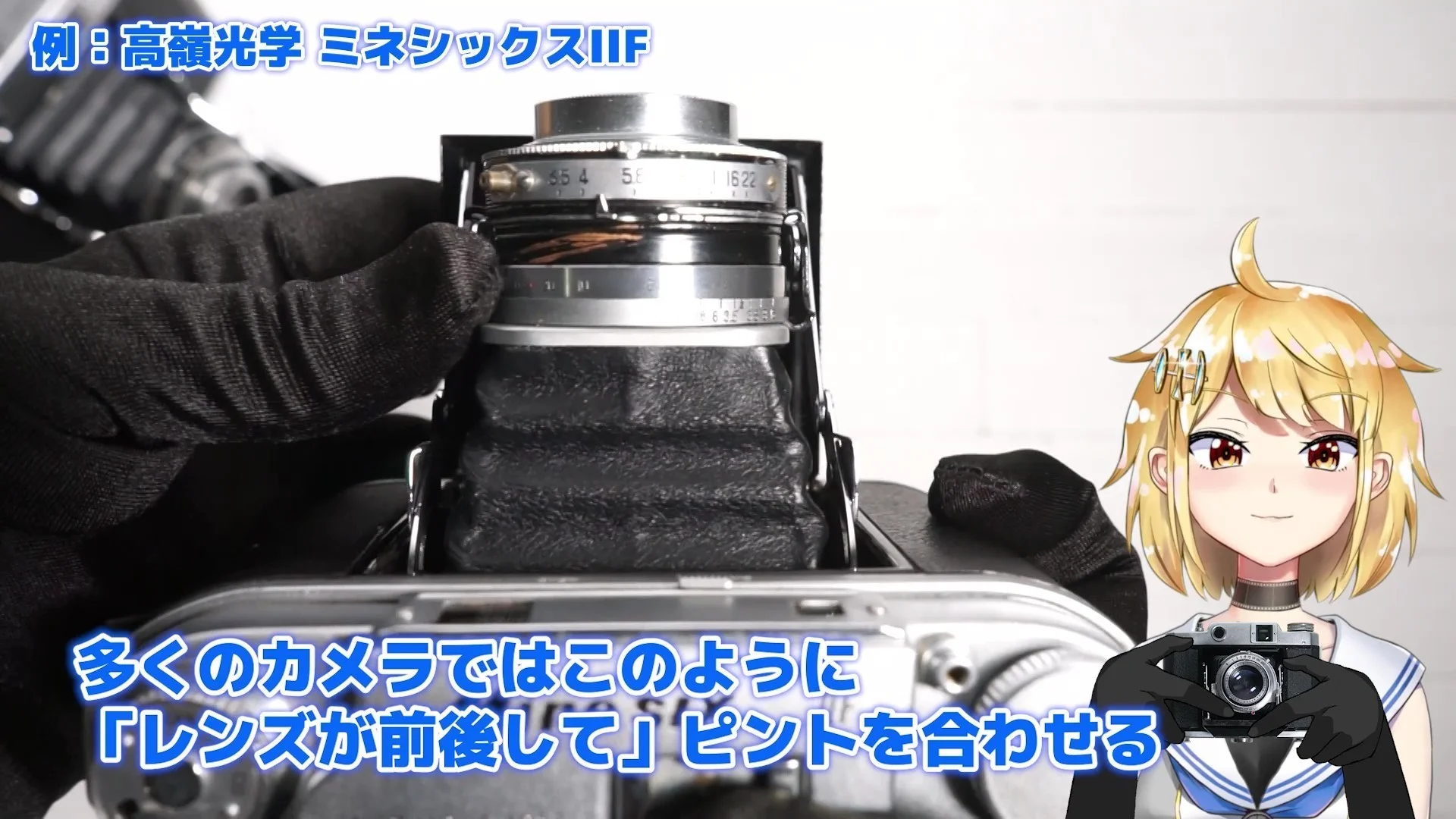 多くのカメラはレンズが前後に動く(例はミネシックスIIF)